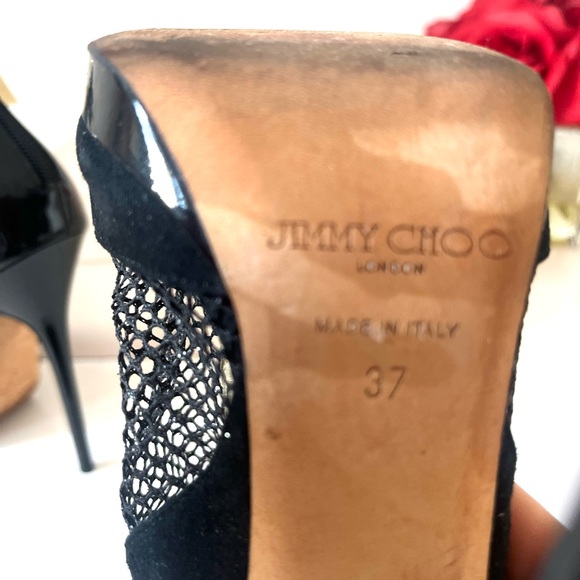 Jimmy Choo “Callie” patent leather fishnet stiletto booties with bows 37 (US 7) - Picture 8 of 10